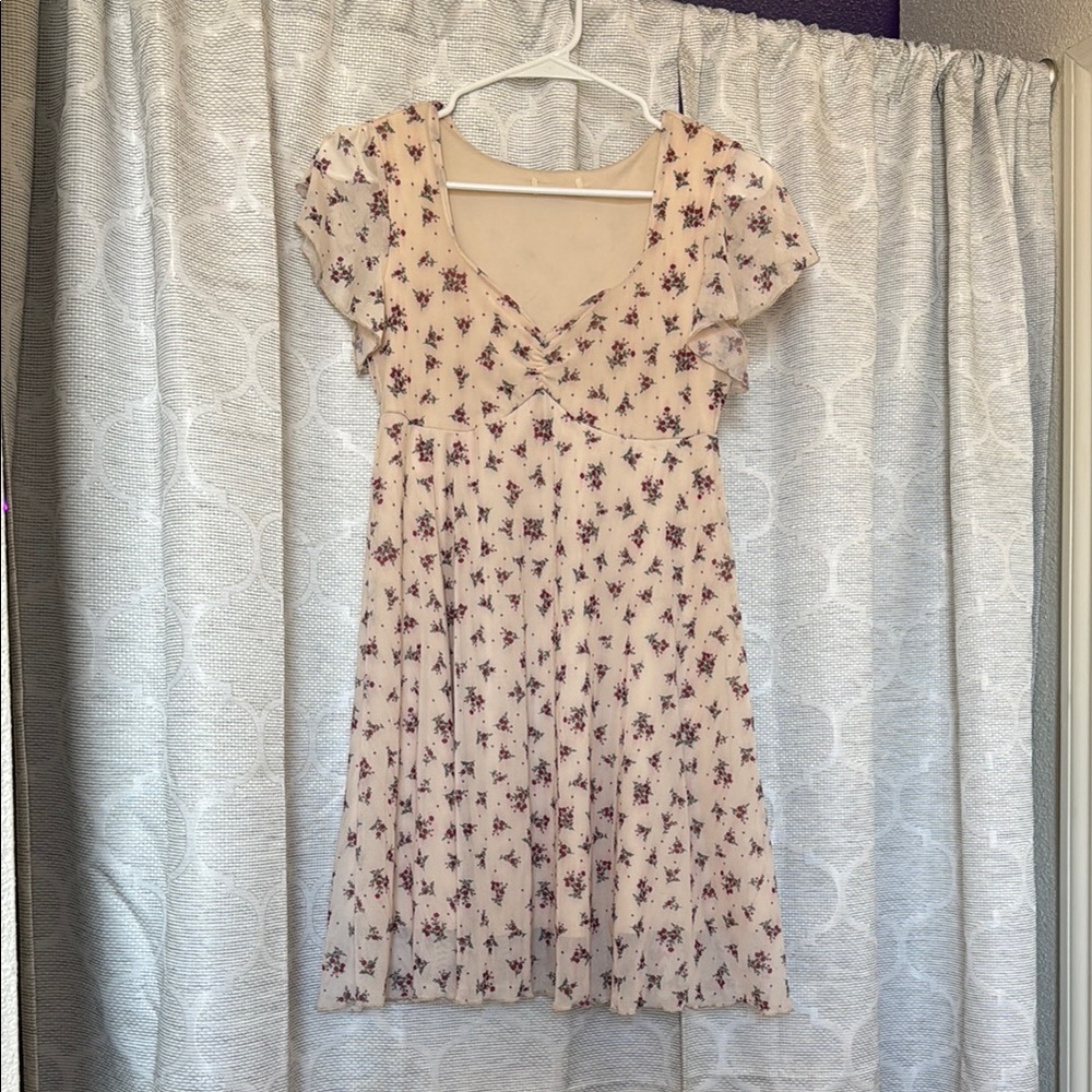 Floral Nude Dress With Ruffle Sleeves